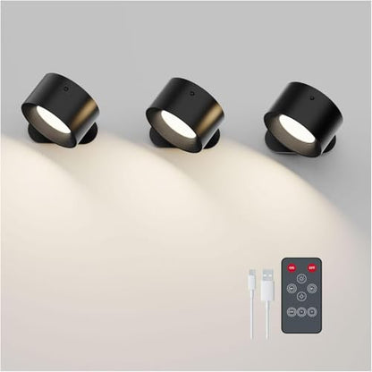 Deyagoo 3PACK LED Wall Sconce, Rechargeable Wall Light with Remote-Black | 3 Colors, Dimmable, Magnetic Rotating Head, 360 Degree Rotate - color: Black-D