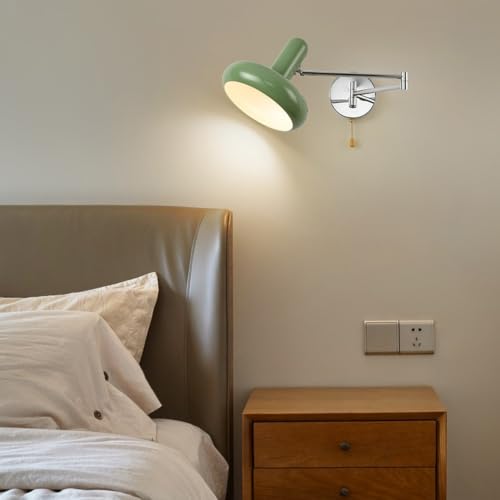 Wrought Iron Swing Arm Wall Sconce Mid Century Modern Wall Light with Pull Chain Switch 180 Degree Adjustable Bedside Reading Lamp for Bedroom Study E26 Base(White) - color: White