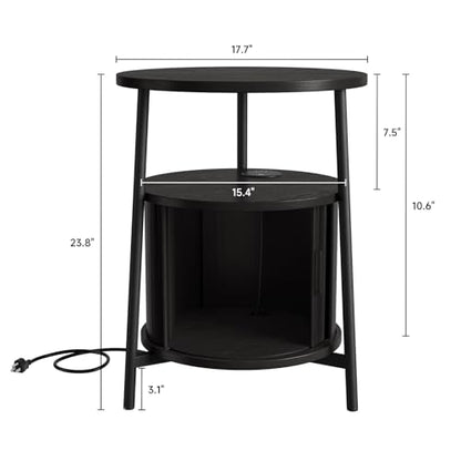 Round Side Table with Charging Station, Black | Circle Nightstand with Storage, Fluted Bedside Table, with Sliding Door, for Living Room Small Space Bedroom
