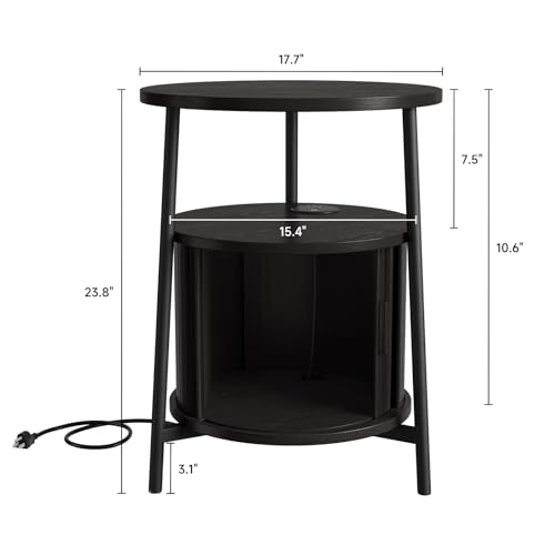 Round Side Table with Charging Station, Black | Circle Nightstand with Storage, Fluted Bedside Table, with Sliding Door, for Living Room Small Space Bedroom