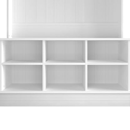 Entryway Hall Tree with Bench and 6 Storage Cubbies, White - color: White