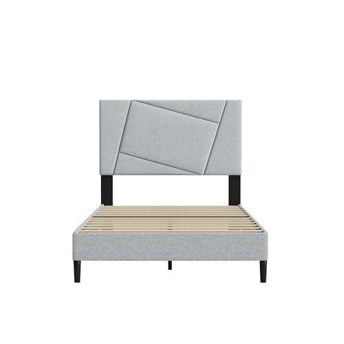 Twin Size Upholstered Bed Frame Frame with Headboard，Velvet Gray | Geometric Head Board Platform Bed, Sturdy Wooden Slats, Noiseless No Box Spring Required, Easy to Assemble - color: Light Gray, size: Twin