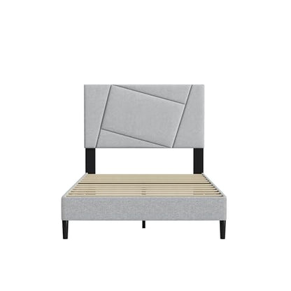 Twin Size Upholstered Bed Frame Frame with Headboard，Velvet Gray | Geometric Head Board Platform Bed, Sturdy Wooden Slats, Noiseless No Box Spring Required, Easy to Assemble - color: Light Gray, size: Twin