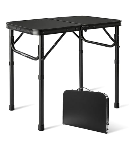 Folding Camping Table, Black Aluminum Frame,3-Position Adjustable Height,Lightweight Carry Handle, Portable for Travel, Camping Outdoor Use, 2 Ft x 1.5 Ft(Small), Black - size: 2 ft × 1.3 ft × 1.78 ft H, No Umbrella Hole
