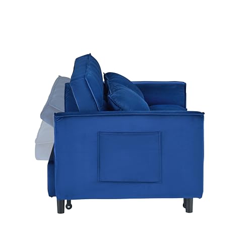 55" Pull Out Sleeper Sofa, Velvet Loveseat with Side Pockets, Blue | Velvet upholstery, 5-level adjustable back, Pull-out bed design, Sturdy frame with side pockets - color: Blue