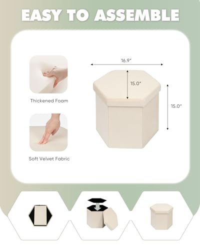 B FSOBEIIALEO Storage Ottoman Cube Hexagonal Pouf Ottomans, Foot Rest Seat for Sofa Footrest Entryway Shoe Footstool for Living Room/Bedroom/Entrway Velvet White 16.93"x15"x15" - color: White