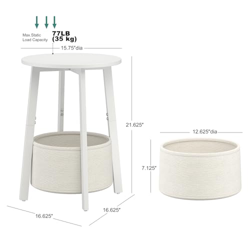 sthmec Small Round Side End Table with Cloth Storage Basket, Round Bedside Sofa Couch Coffee Tables for Small Places with Metal Frame, Modern Nighstands for Living Room Bedroom,White - color: White