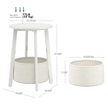 sthmec Small Round Side End Table with Cloth Storage Basket, Round Bedside Sofa Couch Coffee Tables for Small Places with Metal Frame, Modern Nighstands for Living Room Bedroom,White - color: White