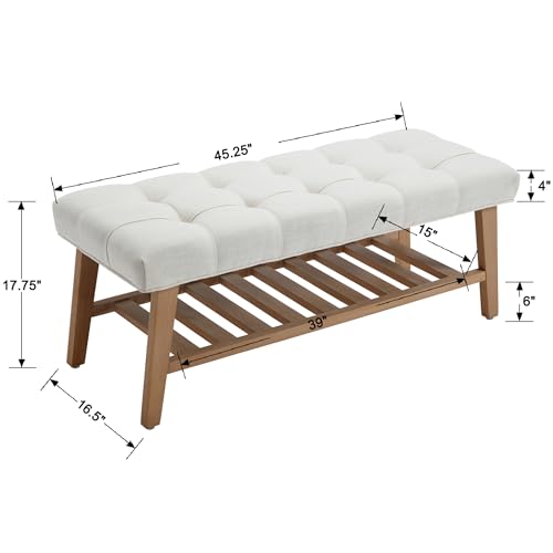 Kmax 45" Entryway Bench with Shoe Storage, Beige | Tufted Upholstered Design, with Shoe Storage Shelf , Sturdy Wooden Frame, linen fabric, for foyer Hallway - color: Beige