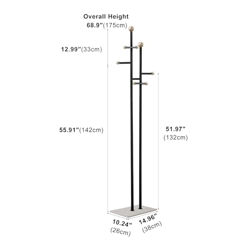 Metal Standing Coat Rack for Entryway Bedroom Living Room (Black) | Easy Assembly, Compact Footprint, Space Saver, Metal Frame, Marble Base, Sturdy, 8 Spherical Hooks, Office, Corner - color: SH Black
