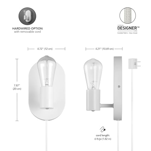 Globe Electric 65000134 1-Light Plug-in or Hardwire Wall Sconce, Matte White, 6ft White Fabric Covered Cord, Inline On/Off Rocker Switch, Bedroom, Living Room, Mounted Lamp