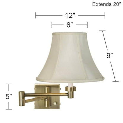 Creme Bell Shade Antique Brass Plug-In Swing Arm Wall Mount Light Fixture | Indoor Cord Dimmable Fabric for Bedroom Bedside House Reading Living Room Home Dining