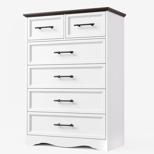 YANSNWO White 6 Drawers Dresser for Bedroom, 44" Tall Chest of Drawers | Brushed Metal Handles, Unique Base Design, Replicated Wood Grain Finish, Modern Farmhouse for Bedroom/Living Room/Hallway - color: White, size: 15.7"D x 31"W x 44.3"H (6 Drawers)