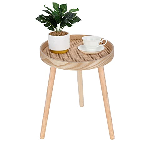 Small Side Table, Rattan Nightstand, Round End Boho Bedside Accent Mid-Century Modern Bed Tables for Living Room Bedroom Office Balcony(Natural Walnut) - color: Natural Walnut