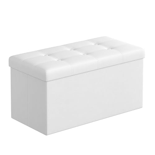 SONGMICS MAZIE Collection - 30 Inches Folding Storage Ottoman Bench, Ottoman with Storage, Foot Rest Stool, Load 660 lb, for Living Room, Synthetic Leather, White ULSF106 - color: White, size: 15"D x 30"W x 15"H