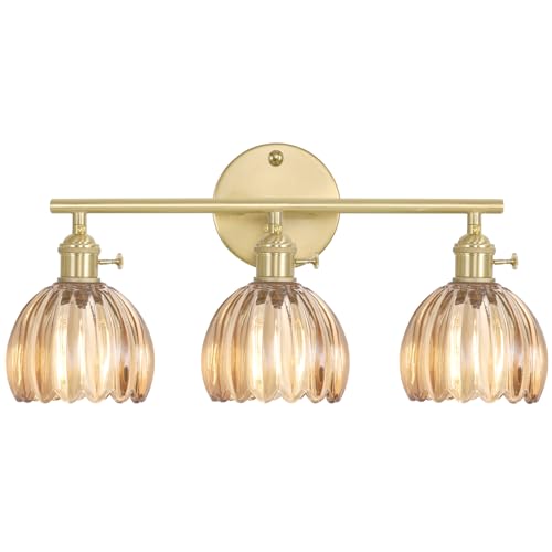 Shenmoyl Bathroom Light Fixtures, 3-Light Brass Vanity wall Light Over Mirror with Amber Tulip Glass Shade for Bedroom Living Room (Bulb Not Included) - color: Yellow Gold Base-Amber, size: 3-light