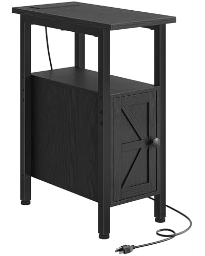 Farmhouse End Table, Narrow Side Table for Small Spaces, Slim Nightstand with Charging Station, with 2 AC Outlets, 1 USB and 1 Type-C Port, for Living Room, Bedroom, Black TBZ08UBB - color: Black