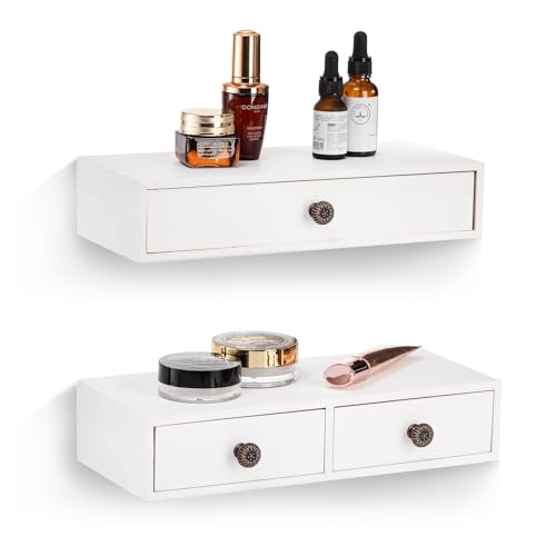 Yesland 2 Packs Space-Saving Floating Nightstand with Drawer - Perfect for Small Spaces - Supports 11 lbs - Compact Wall Mount Rustic Wood Floating Drawers - White
