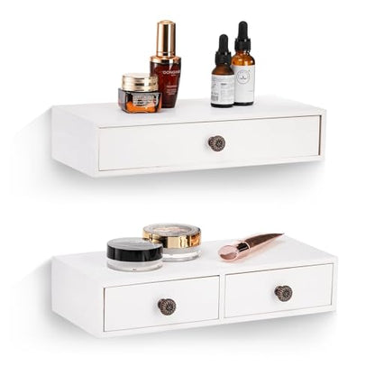 Yesland 2 Packs Space-Saving Floating Nightstand with Drawer - Perfect for Small Spaces - Supports 11 lbs - Compact Wall Mount Rustic Wood Floating Drawers - White