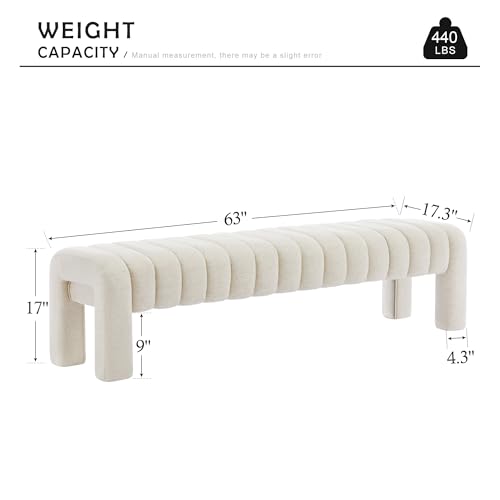 63" Bedroom Bench, Upholstered Entryway Bench, Modern End of Bed Ottoman with Solid Wood Legs and Adjustable Foot Pegs for Entryway, Dining Room and Living Room (Beige Linen) - color: Beige Linen, size: 63"