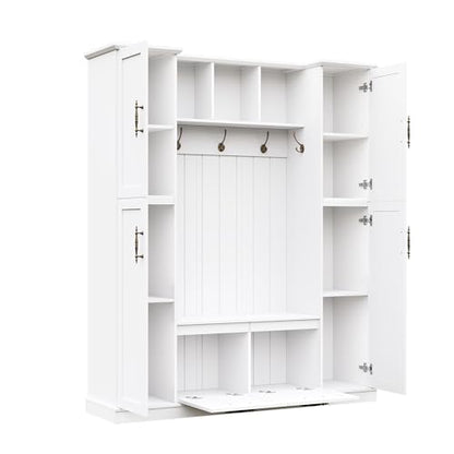 JIVOIT Farmhouse Hall Tree with 4 Side Cabinets, Adjustable Shelves & Open Cubbies, All-in-One Mudroom Furniture, Beadboard Entryway Bench with Coat Rack & 5 Hooks for Hallway (White,152) - color: White,152