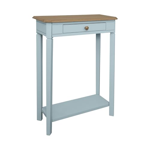 Marnie Blue Narrow Console Table for Entryway with Drawer | 23.75-inch slim hallway table with lower shelf, powder blue and natural wood finish, coastal furniture for small spaces - color: Powder Blue