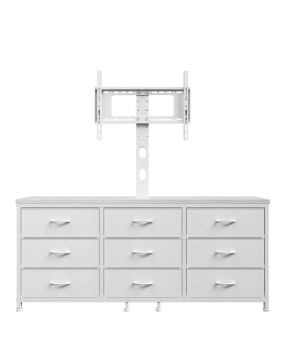 TV Stand with Mount for 32/55/65/75/85 inch TVs, Entertainment Center with 9 Fabric Drawers Dresser Storage, Height Adjustable Media Console - color: White
