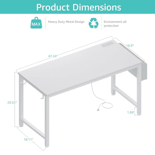 Lufeiya White Computer Desk with Power Outlet, 47 inch Teen Study Table Home Office Work Writing Gaming Desks with Charging Station Outlets Built in, White - color: White, size: 47.2"