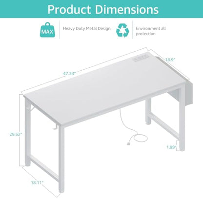 Lufeiya White Computer Desk with Power Outlet, 47 inch Teen Study Table Home Office Work Writing Gaming Desks with Charging Station Outlets Built in, White - color: White, size: 47.2"