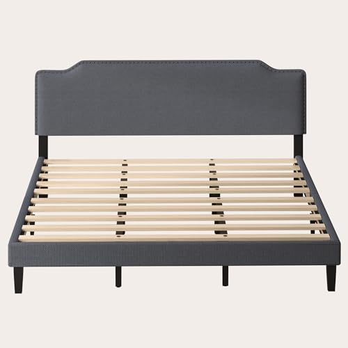 King Size Bed Frame with Upholstered Headboard, Platform Bed with Soft Linen Adjustable Headboard | Classic Elegant Studded Design | Wood Slats | No Box Spring Needed, King Bed Frame Dark Grey - color: Dark Grey, size: King (U.S. Standard)