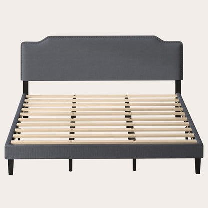 King Size Bed Frame with Upholstered Headboard, Platform Bed with Soft Linen Adjustable Headboard | Classic Elegant Studded Design | Wood Slats | No Box Spring Needed, King Bed Frame Dark Grey - color: Dark Grey, size: King (U.S. Standard)