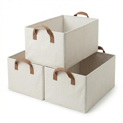 3 Pack Storage Bins Fabric Collapsible Organizers with Handles Sturdy Canvas with PP Board Beige Foldable Storage Box for Closet Shelves, Books, Toys, Clothes, Office Organization