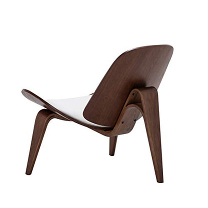 Belleze Mid-Century Modern Shell Side Accent Tripod Plywood Lounge Chair Walnut Upholstered Faux Leather, White - color: White, size: 1 Chair