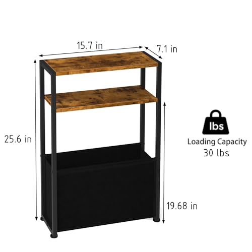 Leomonio Narrow Side Table, Slim End Tables with Fabric Basket, Skinny Table for Small Spaces, Thin Bedside Table for Living Room, Bedroom - color: Rustic Brown