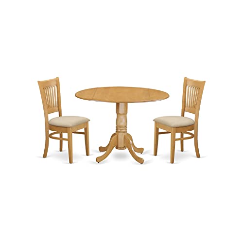 East West Furniture DLVA3-OAK-C 3 Piece Dining Set Contains a Round Dining Room Table with Dropleaf and 2 Linen Fabric Upholstered Chairs, 42x42 Inch, Oak - color: Dlva3-oak-c