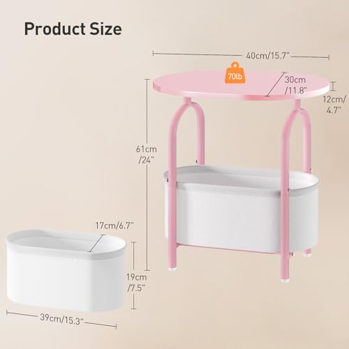 Small Round Side Table with Fabric Basket Storage, Oval End Table for Small Spaces, Modern Coffee Bedside Table, Couch Side Table for Living Room, 15.7" X 11.8" X 24", Pink and White 8601BZPK - color: Pink