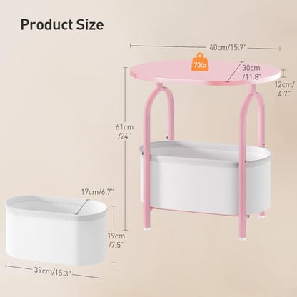 Small Round Side Table with Fabric Basket Storage, Oval End Table for Small Spaces, Modern Coffee Bedside Table, Couch Side Table for Living Room, 15.7" X 11.8" X 24", Pink and White 8601BZPK - color: Pink