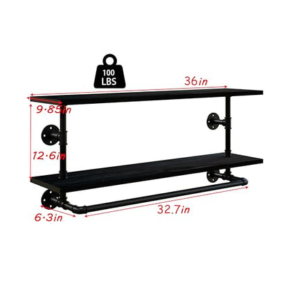 Clothes Rack 36in, 2-Tier Wall Mounted Garment Rack with Real Wood Shelf, Heavy Duty Hanging Clothes Rack, Multi-Purpose Hanging Rod, Space-Saving Closet Storage - color: Black, size: 2T36IN