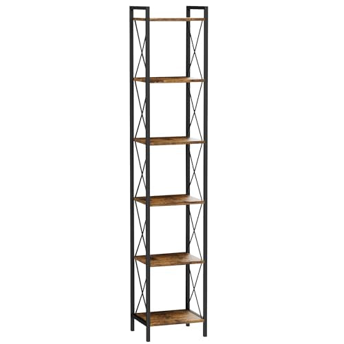 Homhedy 6 Tier Small Bookshelf, Tall Narrow Bookcase, Metal Book Shelf | Industrial Style for Small Spaces, Home, Office, Living Room, Kitchen, Bedroom , 10.4" D x 13" W x 67.4" H, Rustic Brown - color: Rustic Brown, size: 10.4"D x 13"W x 67.4"H