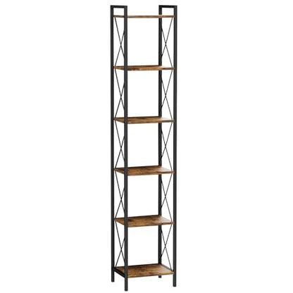 Homhedy 6 Tier Small Bookshelf, Tall Narrow Bookcase, Metal Book Shelf | Industrial Style for Small Spaces, Home, Office, Living Room, Kitchen, Bedroom , 10.4" D x 13" W x 67.4" H, Rustic Brown - color: Rustic Brown, size: 10.4"D x 13"W x 67.4"H