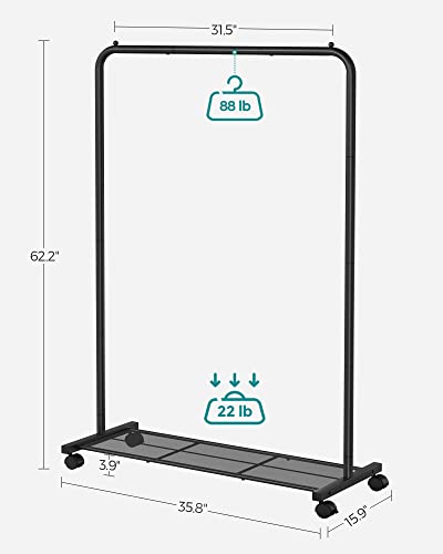 SONGMICS Clothes Rack with Wheels, Clothing Rack for Hanging Clothes, 25.4 mm Metal Garment Rack with Dense Mesh Storage Shelf, 110 lb Load Capacity, 2 Brakes, Black UHSR25BK - color: Black, style: Single Rod