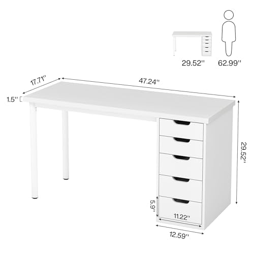 Tribesigns Computer Desk with 5 Drawers, 47 inches Rustic Brown Home Office Desk with Storage, Modern Simple Laptop Desk Study Writing Table for Small Spaces (1, White) - color: White