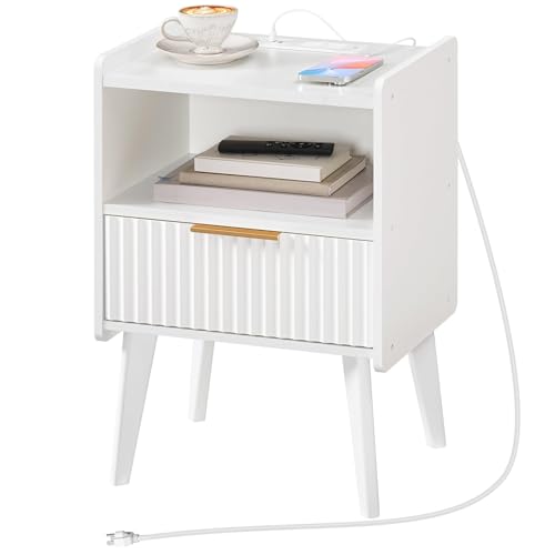 MAHANCRIS White Nightstand with Charging Station, Modern Bedside Table with Drawer and Storage Shelf, End Side Table with Solid Wood Legs, Night Stand, Living Room, Bedroom, Small Space, ETWT61E01N1 - color: White