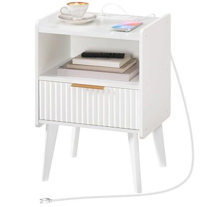 MAHANCRIS White Nightstand with Charging Station, Modern Bedside Table with Drawer and Storage Shelf, End Side Table with Solid Wood Legs, Night Stand, Living Room, Bedroom, Small Space, ETWT61E01N1 - color: White