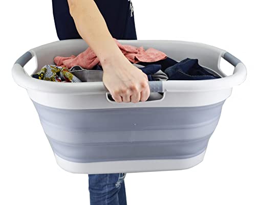 SAMMART 40L (10.5 gallon) Collapsible Plastic Laundry Basket - Foldable Pop Up Storage Container/Organizer - Portable Washing Tub - Space Saving Hamper/Basket (1, Grey/Dark Grey) - color: Grey/Dark Grey
