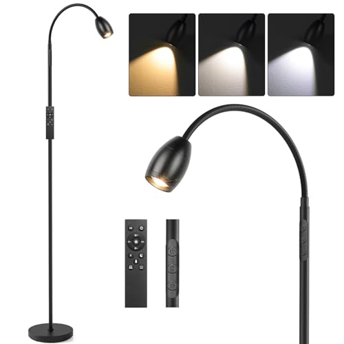 Reading Floor Lamp, 72" LED Dimmable Lamp with Gooseneck,Zoomable Spotlight | Adjustable Color Beam Standing Lamp, 10W, Touch & Remote Control, Task Craft, Sewing, Bedroom Living Room, Office,Matte Black - color: Matte Black