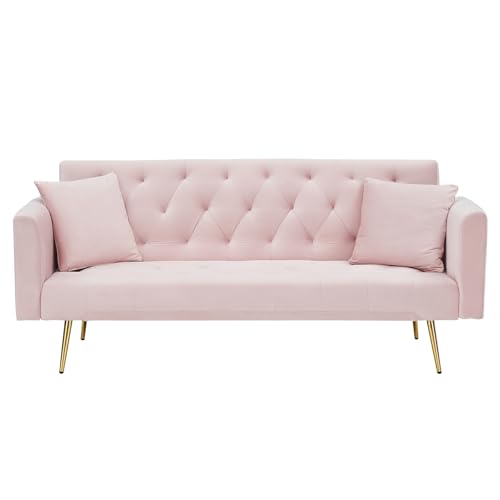 71" Modern Velvet Sofa Bed Futon, Convertible Sleeper Couch, Adj. Backrest | Tufted Recliner Loveseat Design with Golden Chrome Legs & 2 Pillows, Perfect for Small Spaces, Living Room, Apartment - color: Pink