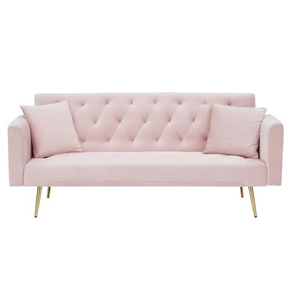 71" Modern Velvet Sofa Bed Futon, Convertible Sleeper Couch, Adj. Backrest | Tufted Recliner Loveseat Design with Golden Chrome Legs & 2 Pillows, Perfect for Small Spaces, Living Room, Apartment - color: Pink