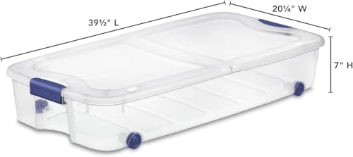 Large storage box, 66 quart transparent under-bed storage box equipped with locking lid and wheels, blue.