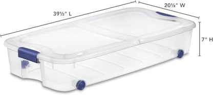 Large storage box, 66 quart transparent under-bed storage box equipped with locking lid and wheels, blue.